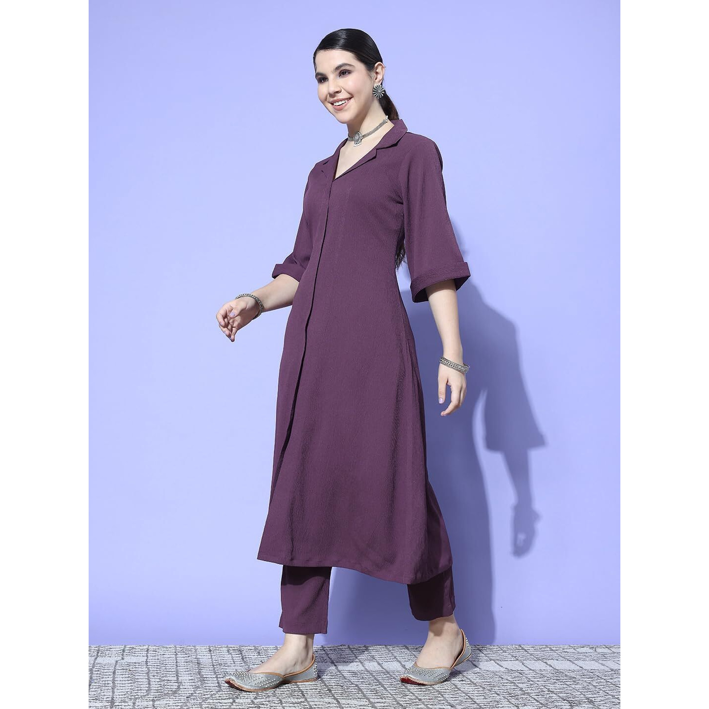 Varanga Women Mauve Shirt Collar Neck A-Line Kurta With Three-Quarter Roll-Up Sleeves, Front Slit, Paired With Tonal Bottom