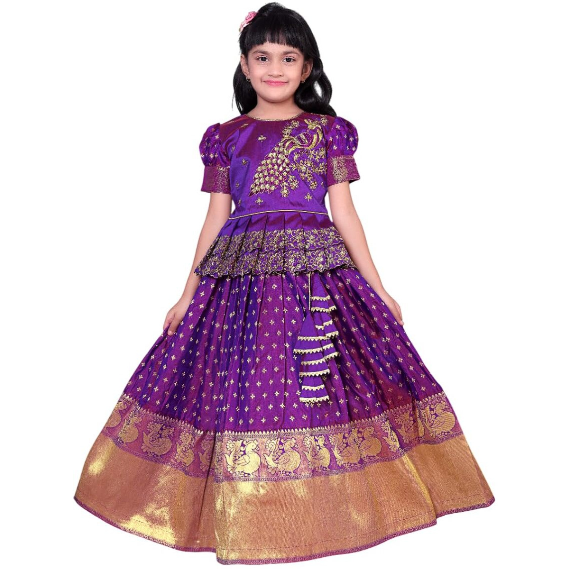 White Button New South Indian Traditional Pattu Pavadai Jecquard Lehenga Choli For Girls Dress