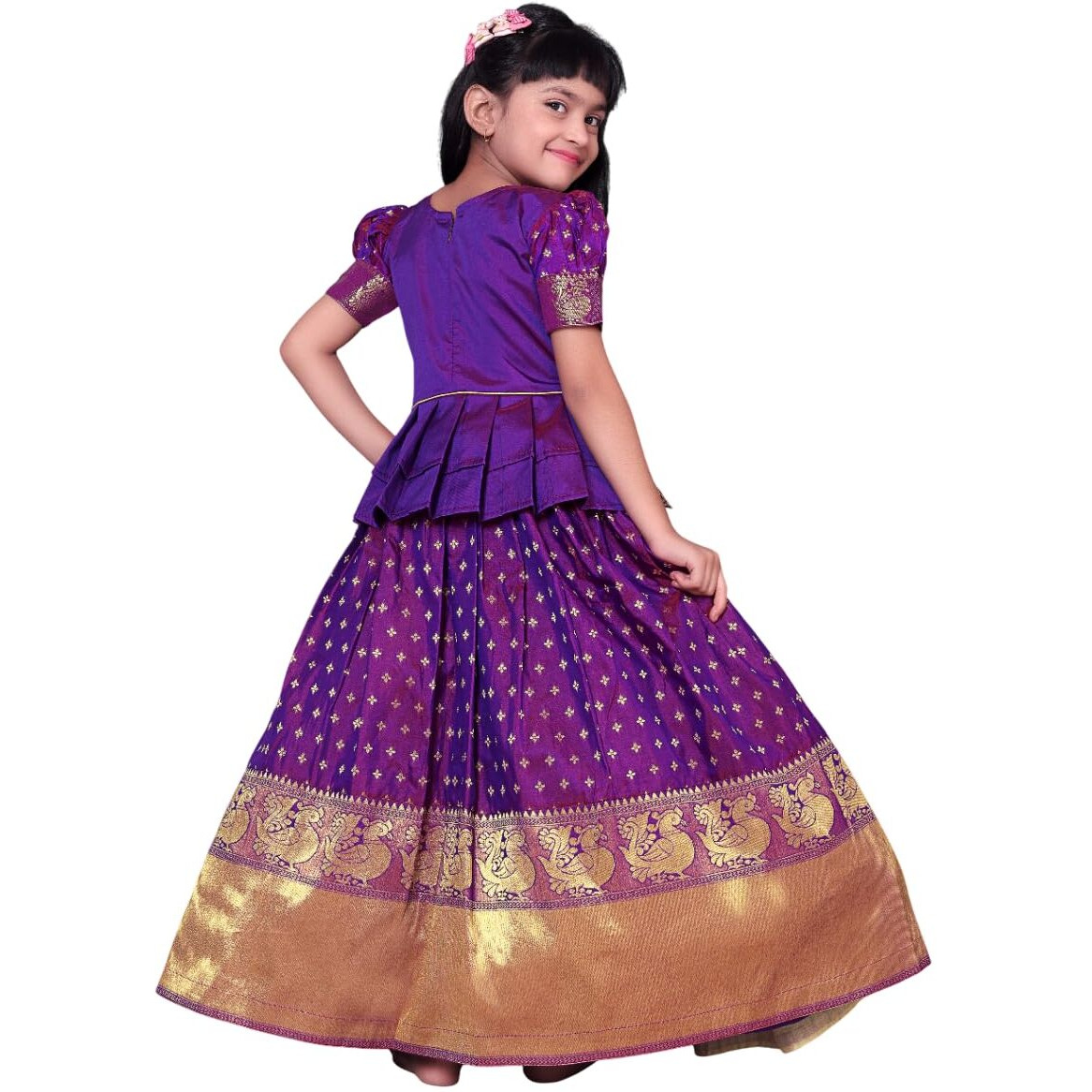 White Button New South Indian Traditional Pattu Pavadai Jecquard Lehenga Choli For Girls Dress