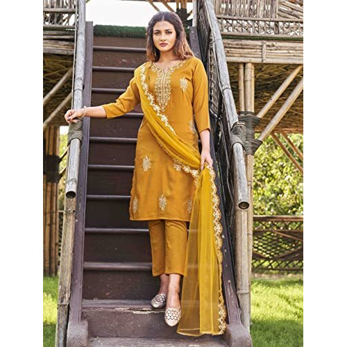 Womanista Women's Poly Crepe Salwar Suit (Salwar_1048A_Mustard_Large)