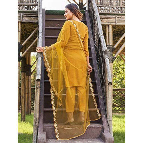 Womanista Women's Poly Crepe Salwar Suit (Salwar_1048A_Mustard_Large)