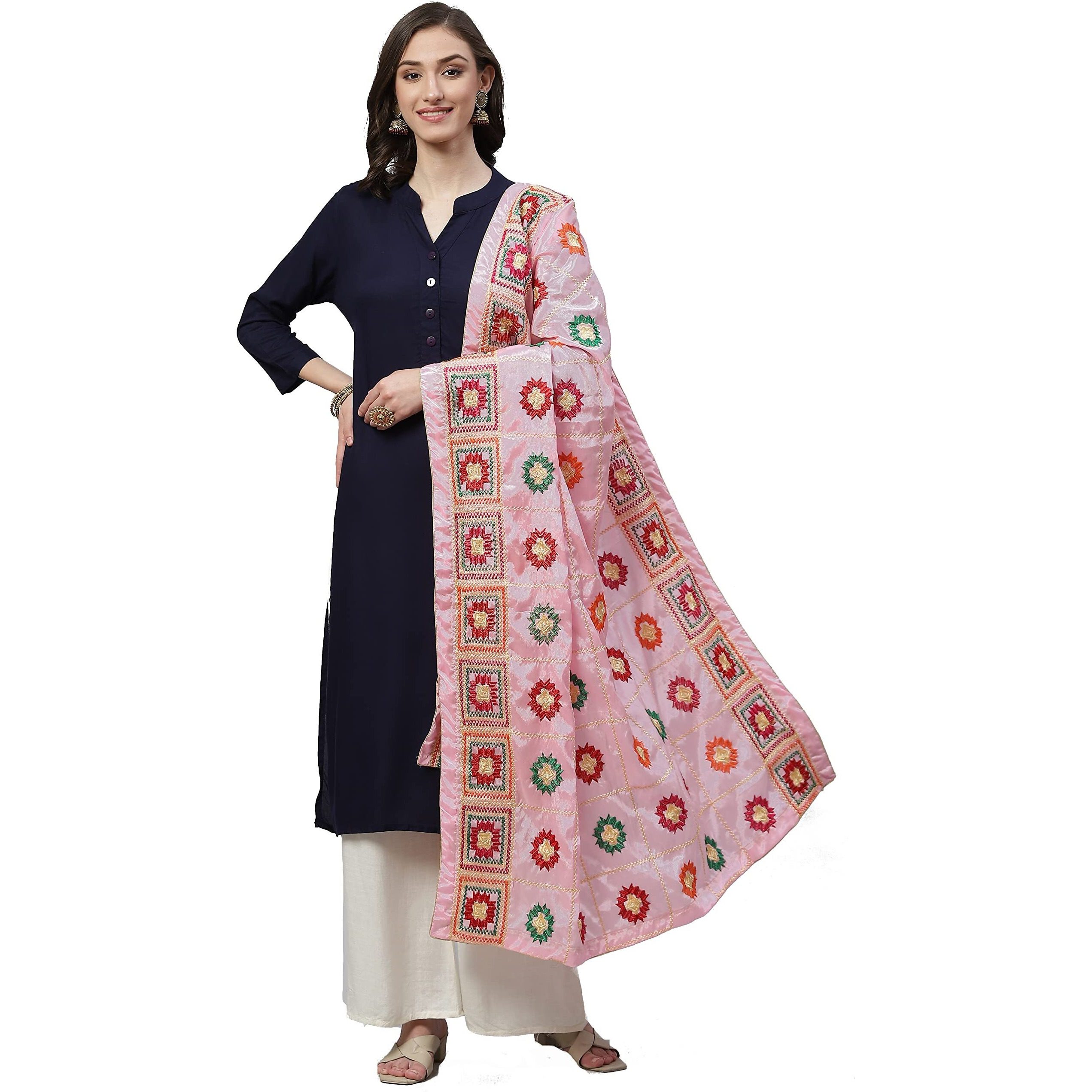 Weavers Villa Women's Chinnon Silk Aari Embroided Phulkari Dupatta, Chunni (Pink), 2.25 Mtrs