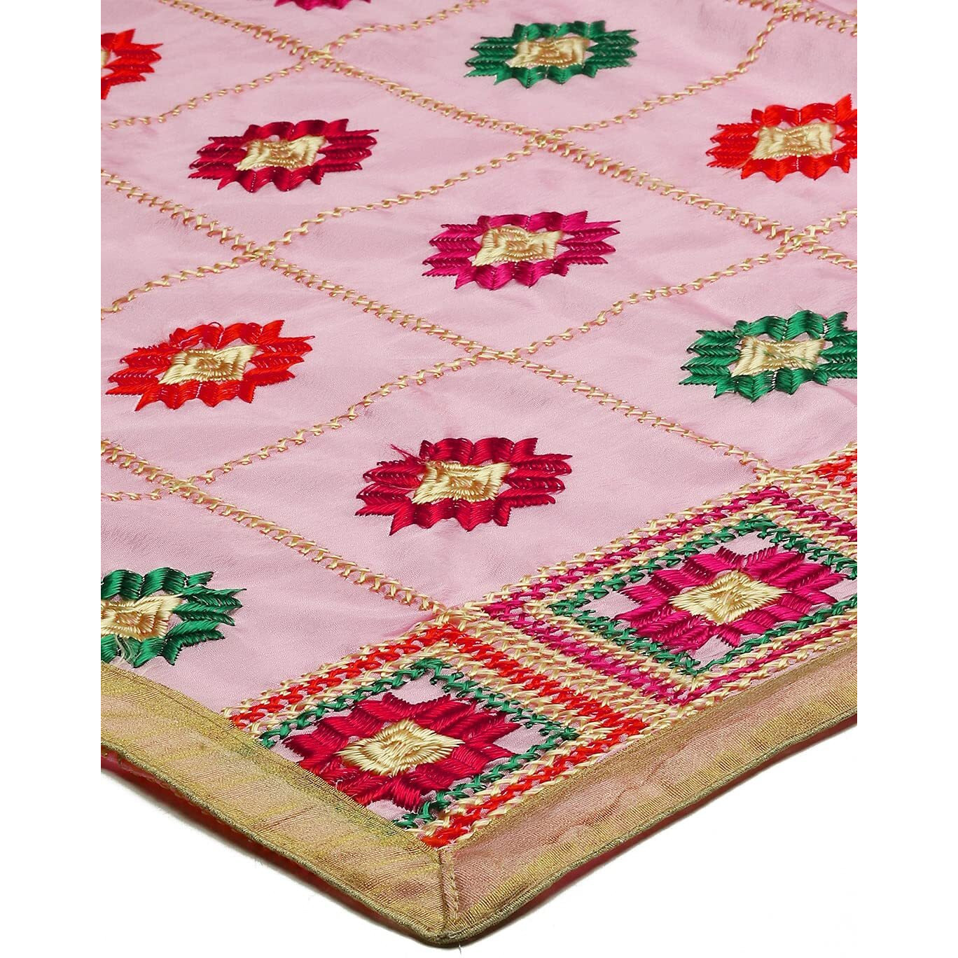 Weavers Villa Women's Chinnon Silk Aari Embroided Phulkari Dupatta, Chunni (Pink), 2.25 Mtrs