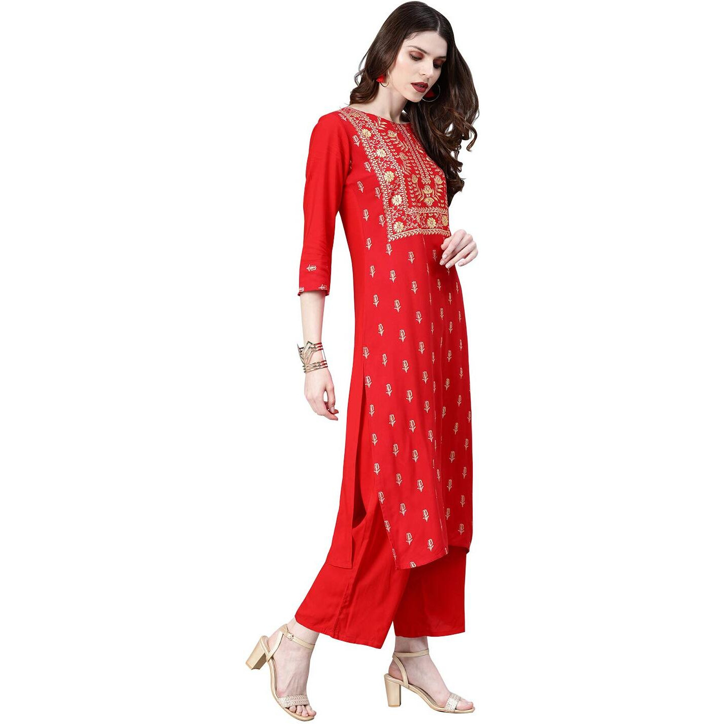 Ziyaa Women's Rayon Straight Kurta (Zikury2868-L_Red_Large)