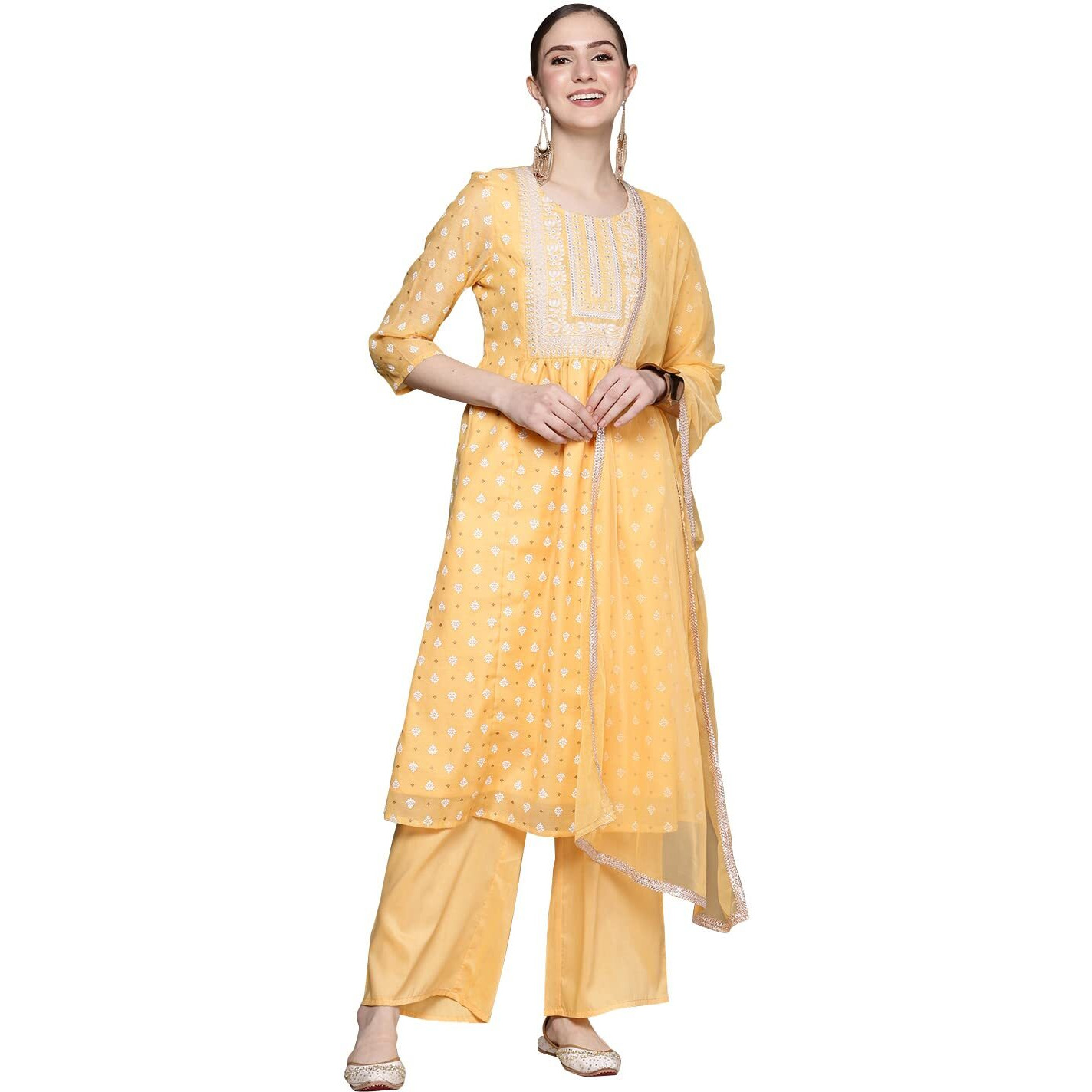 Ziyaa Women's Yellow Chanderi Straight Kurta Palazzo And Dupatta Set (Ziskdch3931-3Xl