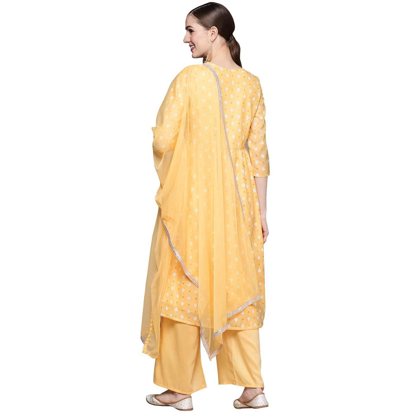 Ziyaa Women's Yellow Chanderi Straight Kurta Palazzo And Dupatta Set (Ziskdch3931-3Xl