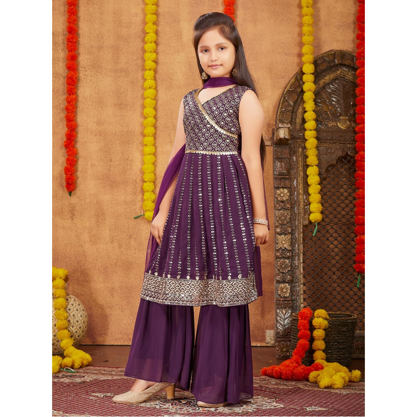 Aarika Girls Ethnic Wear Purple Colour Sequins Zari Embroidery Georgette Kurti Sharara Set (6-13 Years)