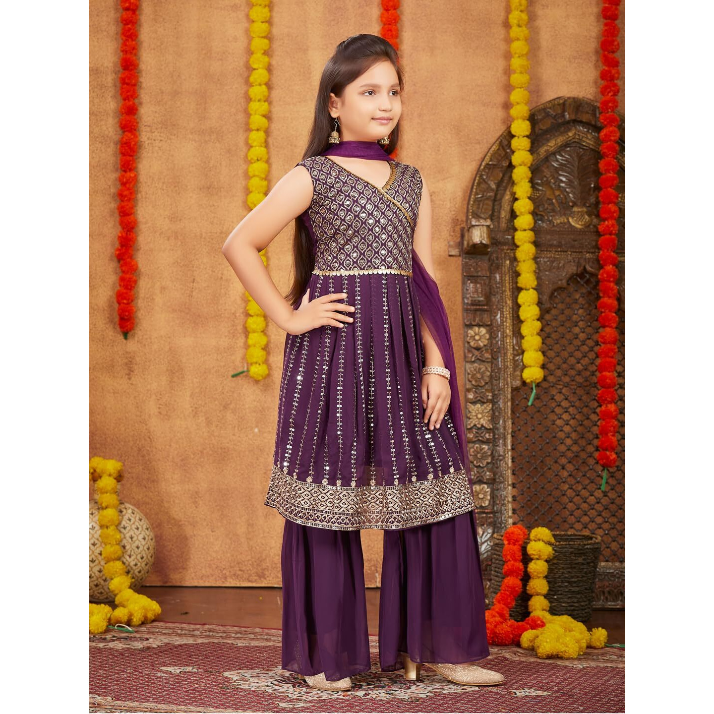 Aarika Girls Ethnic Wear Purple Colour Sequins Zari Embroidery Georgette Kurti Sharara Set (6-13 Years)