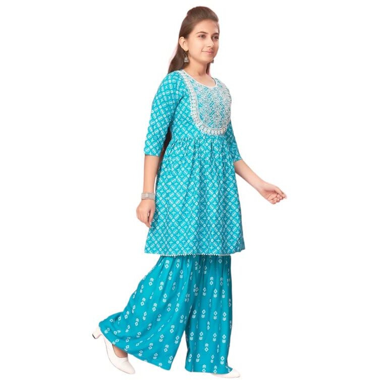 Aarika Girls Firozi Colour Cotton Embroidery Kurti Sharara Set (Sh-Ap-C-4-Firozi-38)