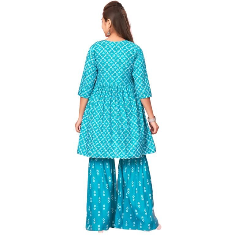 Aarika Girls Firozi Colour Cotton Embroidery Kurti Sharara Set (Sh-Ap-C-4-Firozi-38)