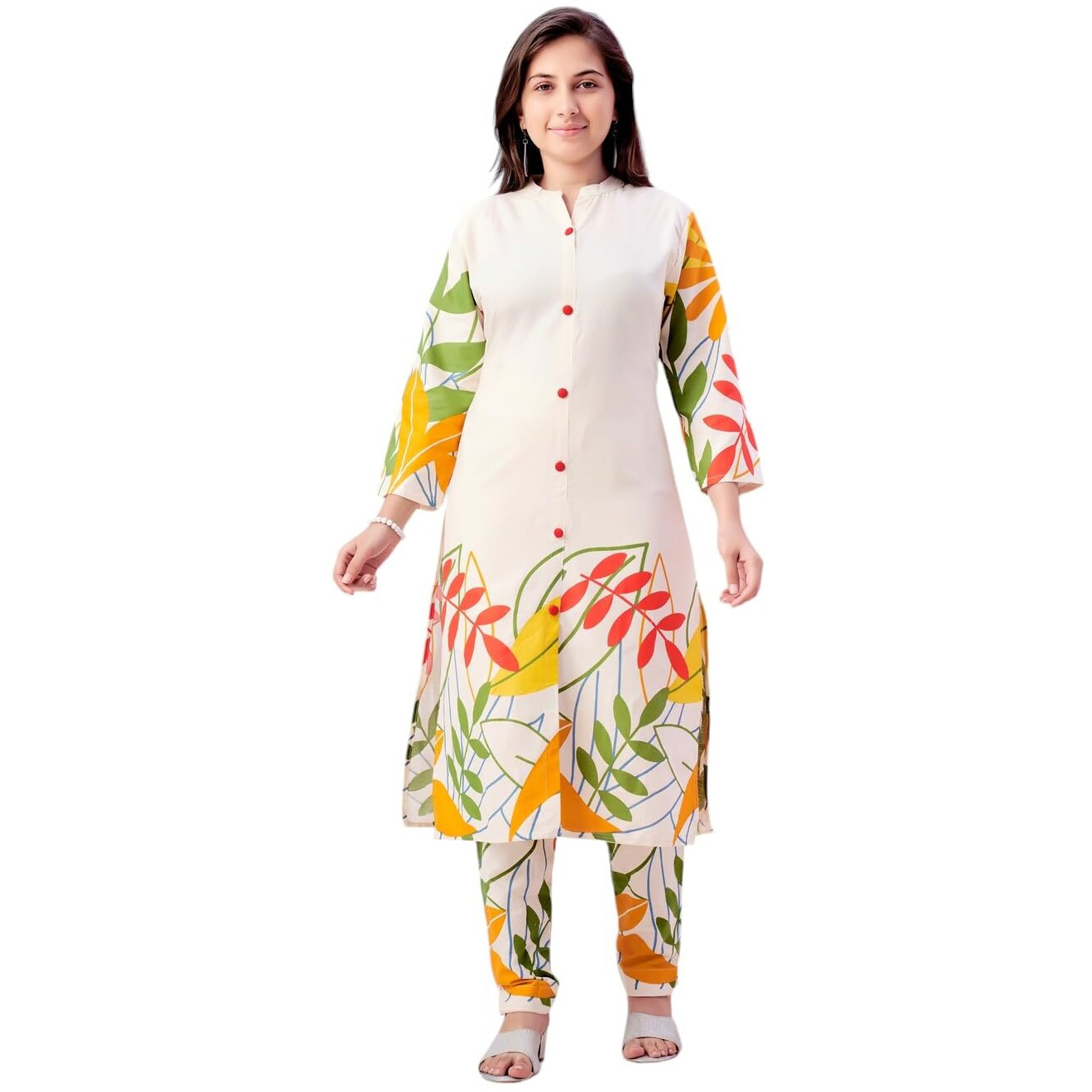Aarika Girls Ethnic Wear Cream Colour Floral Print Khadi Cotton Kurti Pant Set-8-15 Years (Kp-Tr-K-977)