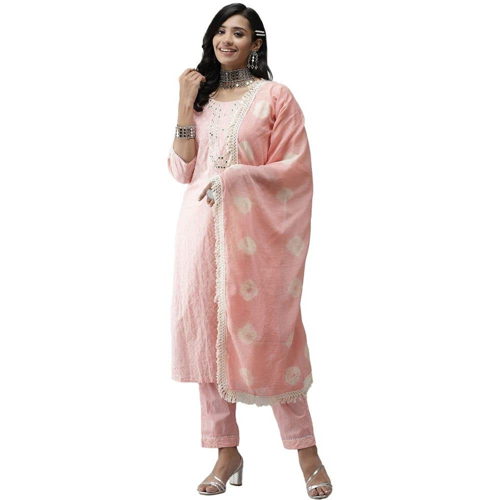 Anubhutee Women's Cotton Pink Yoke Design Straight Kurta Suit Set With Palazzo And Dupatta