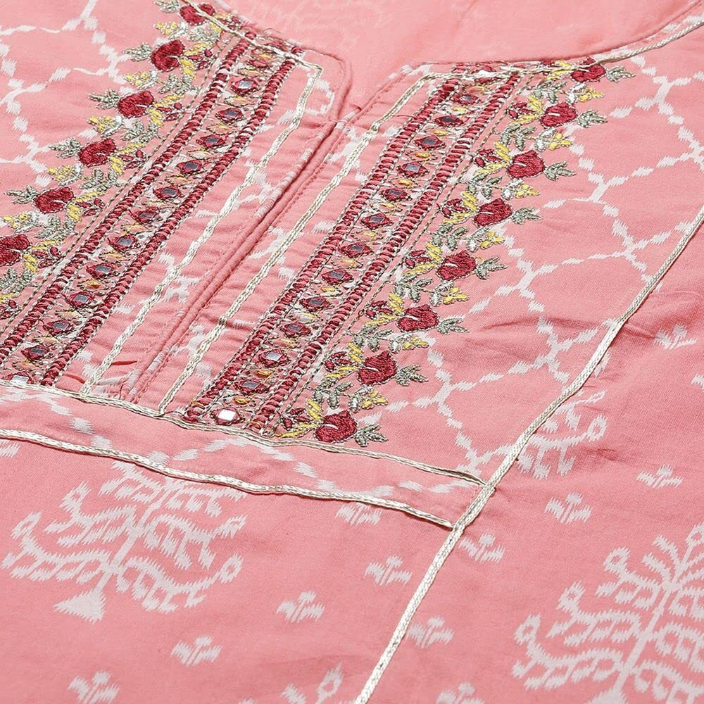 Anubhutee Women's Cotton Pink Yoke Design Straight Kurta Suit Set With Palazzo And Dupatta