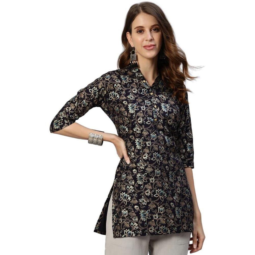 Anubhutee Rayon Women's Navy Blue & Gold Ethnic Motifs Foil Printed Straight Short Kurti (Anu2001982M), Medium