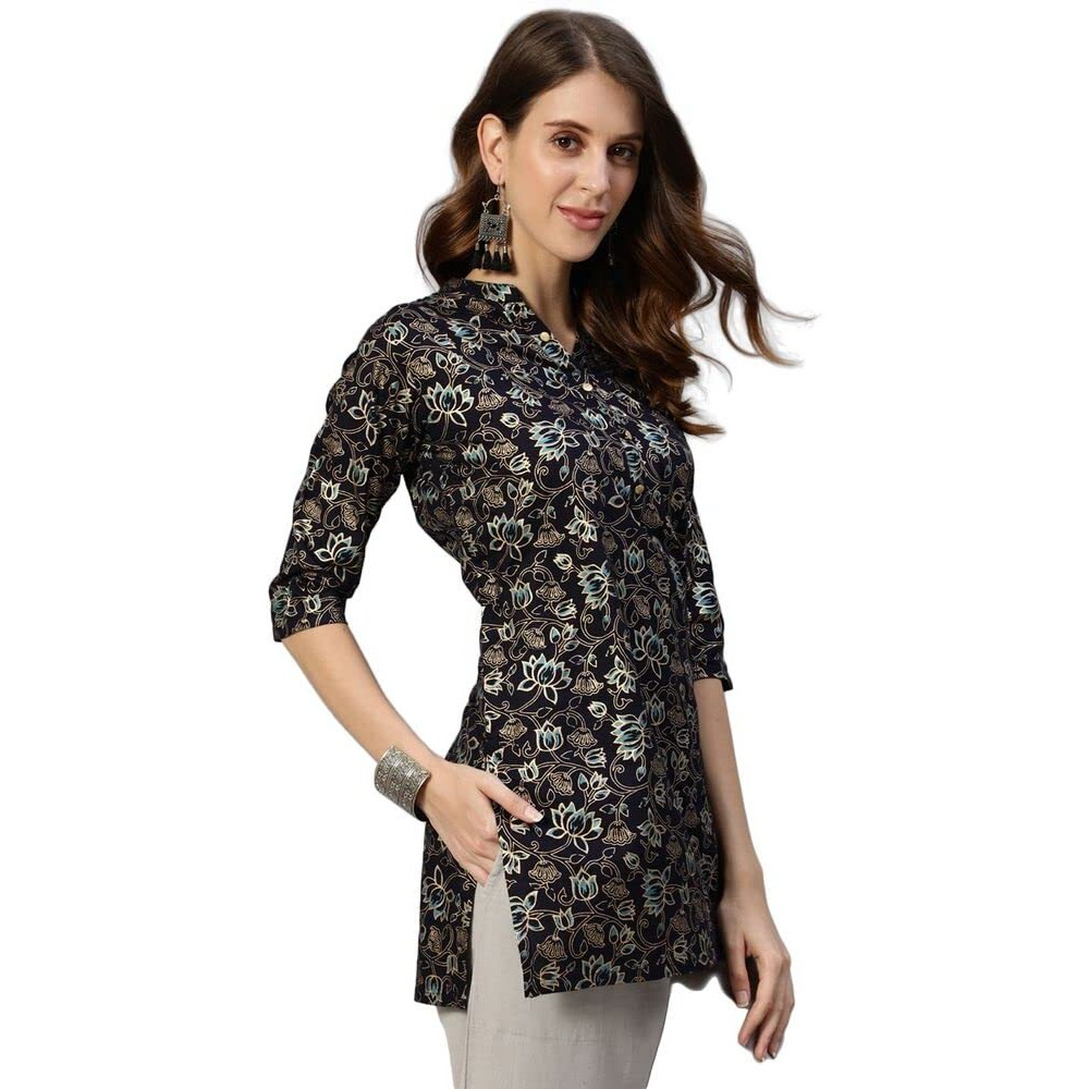 Anubhutee Rayon Women's Navy Blue & Gold Ethnic Motifs Foil Printed Straight Short Kurti (Anu2001982M), Medium