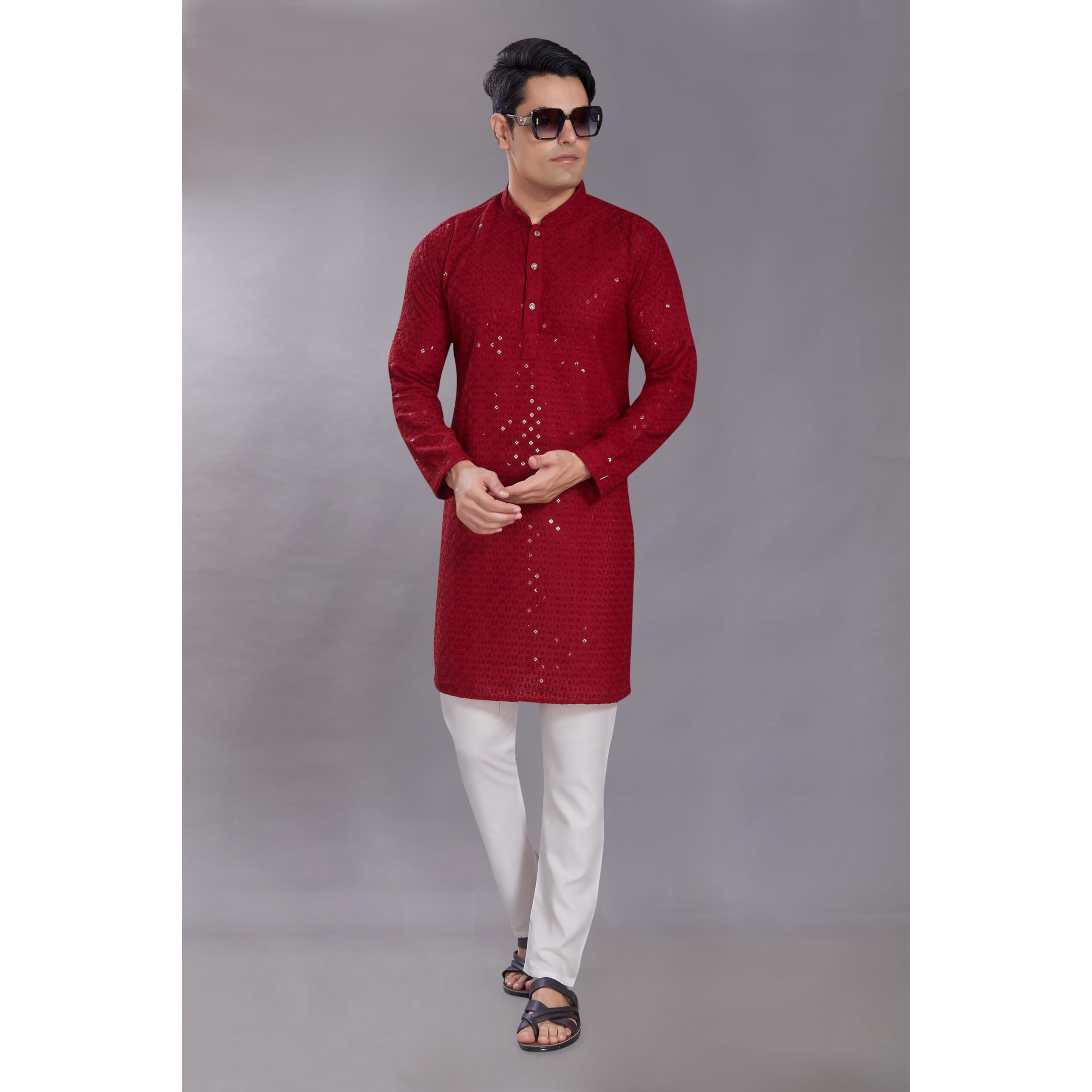Divisive Men's Sequince Embroidered Cotton Blend Only Slim Fit Kurta (Dkrt552_Xl_Maroon)