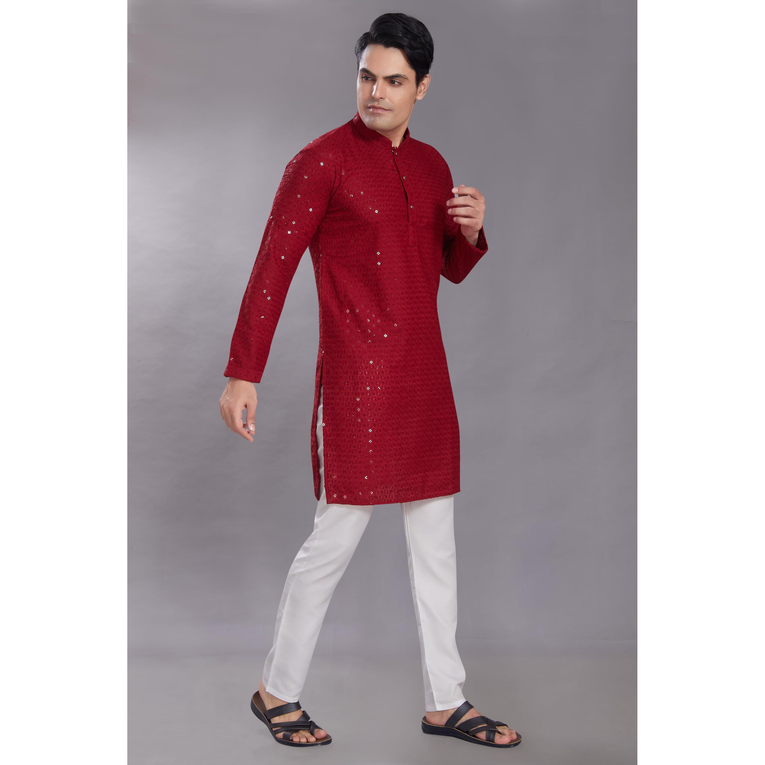 Divisive Men's Sequince Embroidered Cotton Blend Only Slim Fit Kurta (Dkrt552_Xl_Maroon)