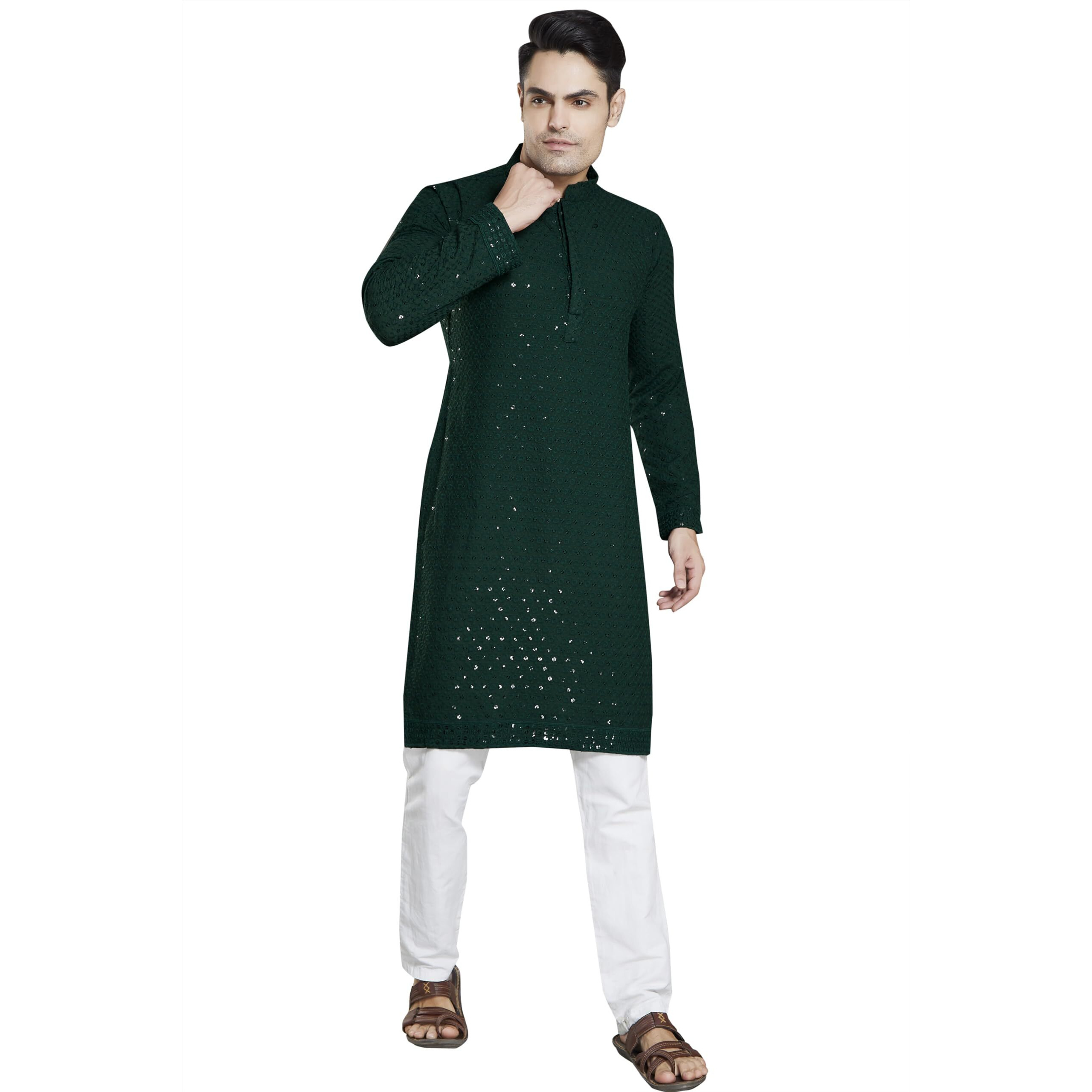 Divisive Men's Sequince Embroidered Cotton Blend Slim Fit Kurta Pyjama Set (Dkrt38_S_Bottle Green)