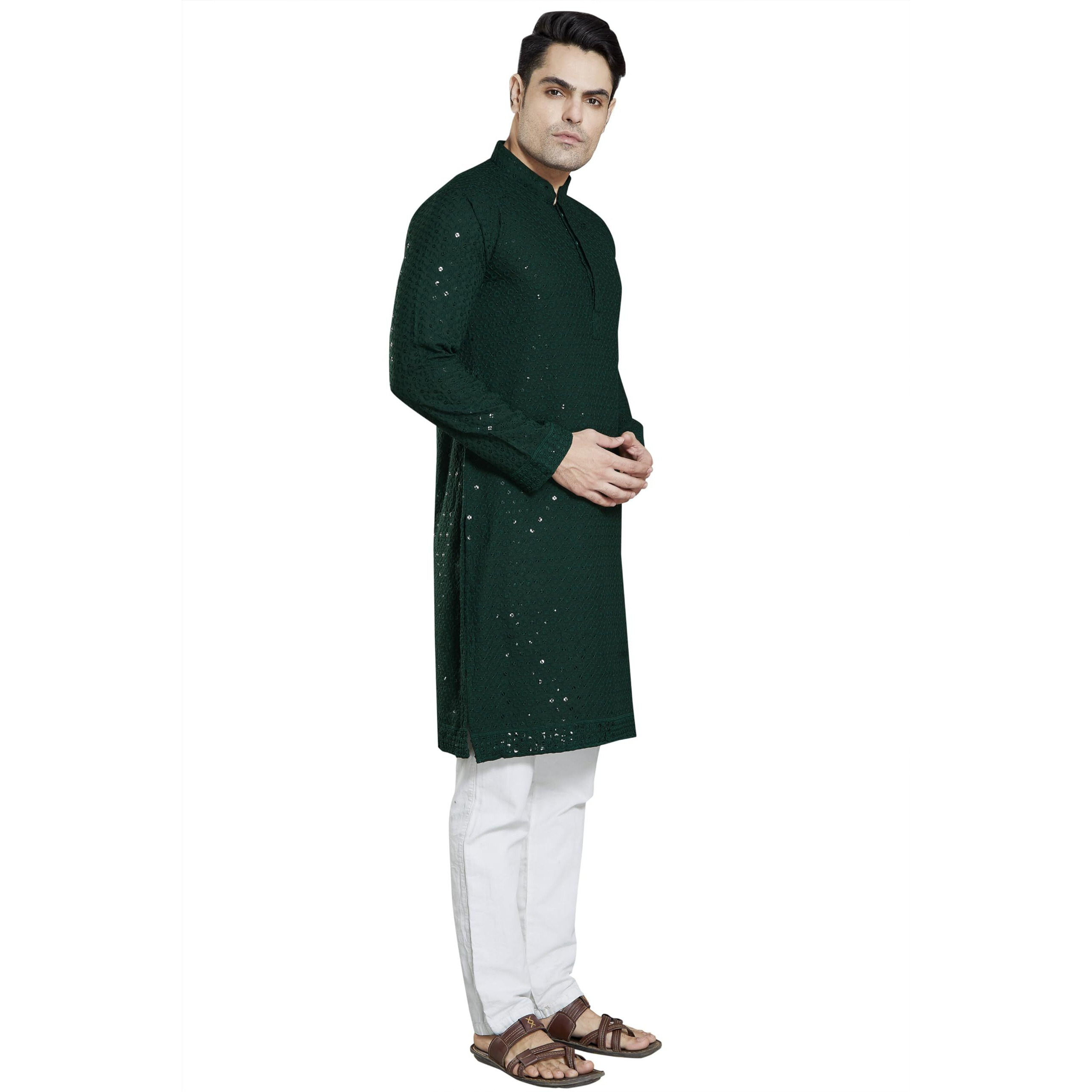 Divisive Men's Sequince Embroidered Cotton Blend Slim Fit Kurta Pyjama Set (Dkrt38_S_Bottle Green)