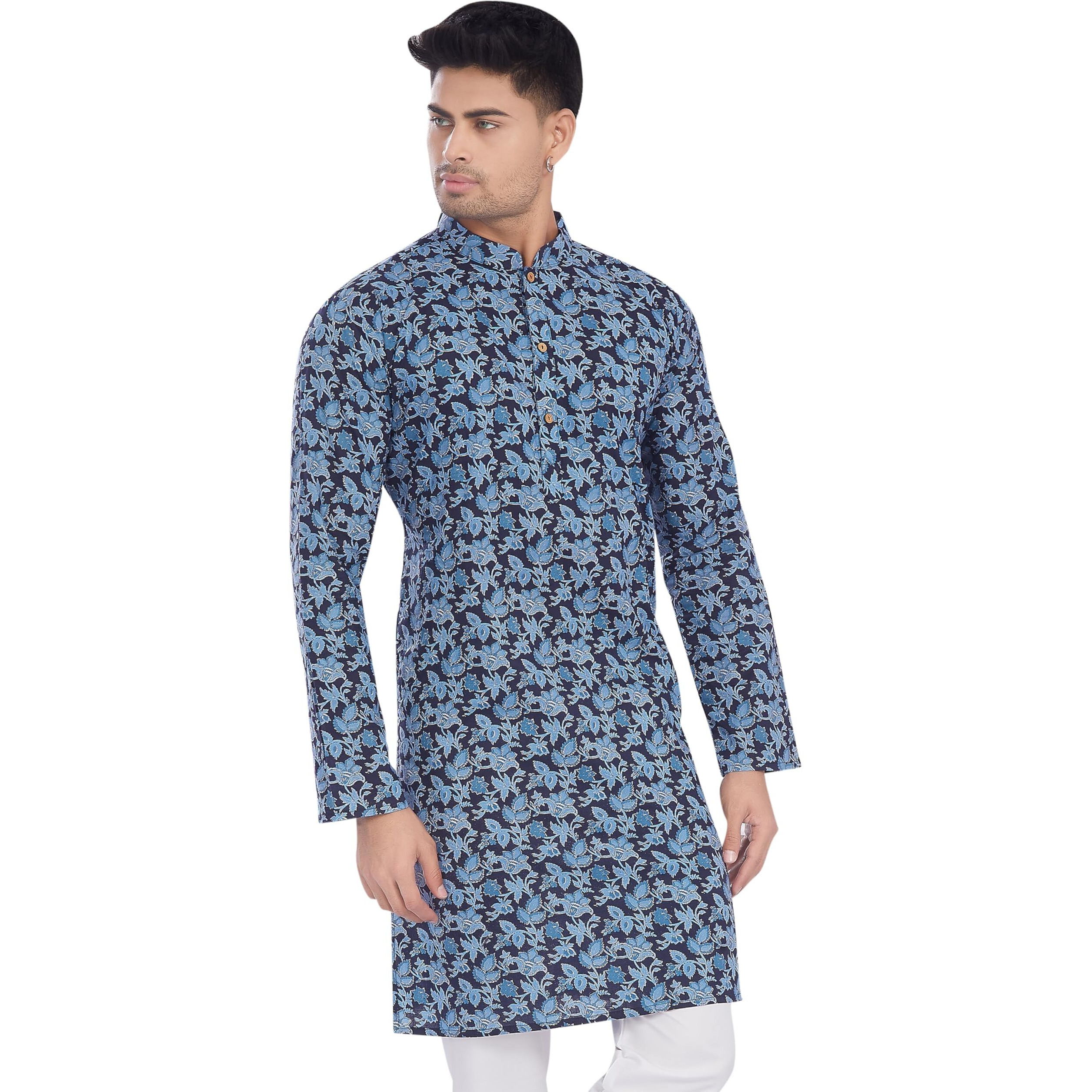 Divisive Men's Ethnic Block Printed Soft Pure Cotton Only Slim Fit Kurta (Dkrt655_L_Navy 1)