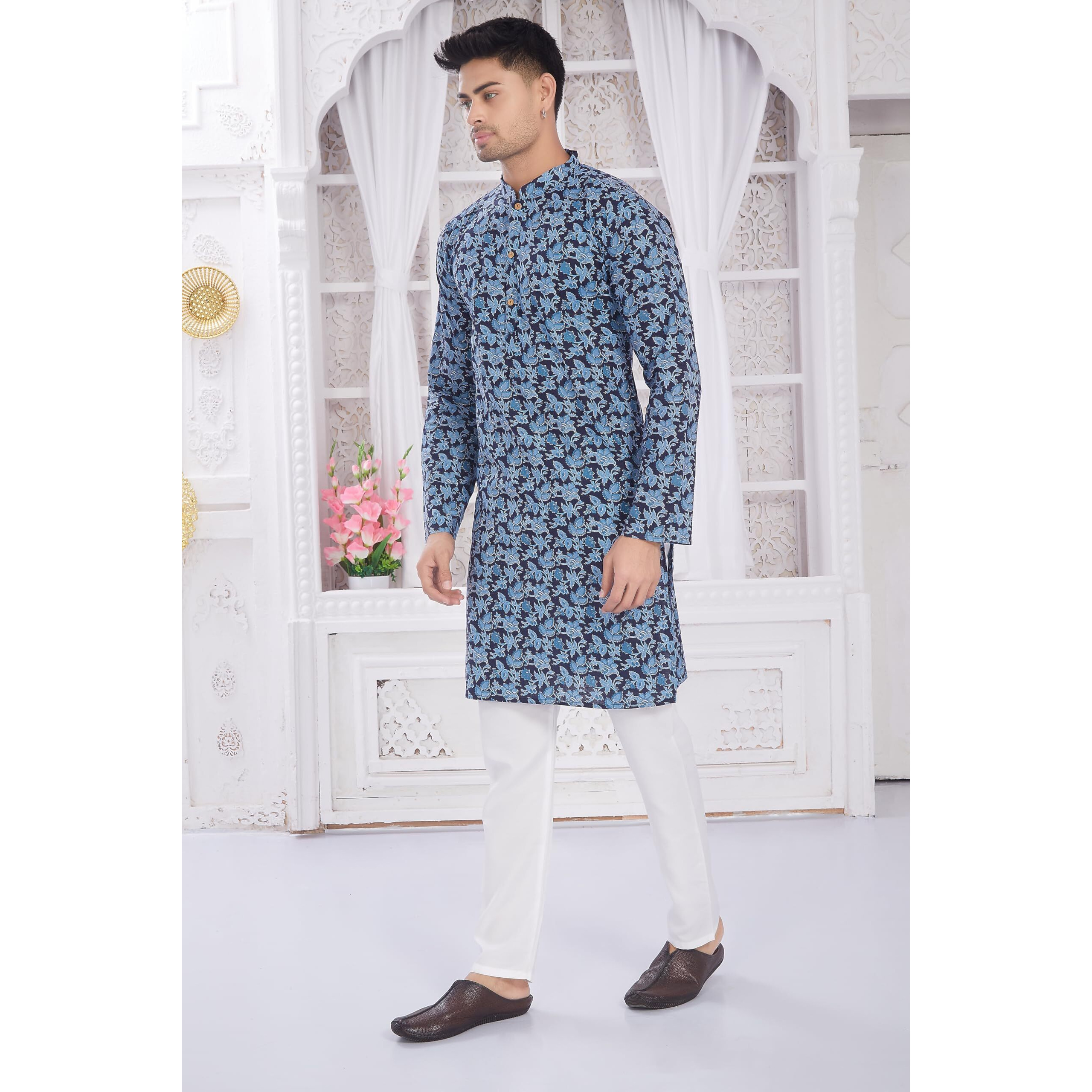 Divisive Men's Ethnic Block Printed Soft Pure Cotton Only Slim Fit Kurta (Dkrt655_L_Navy 1)