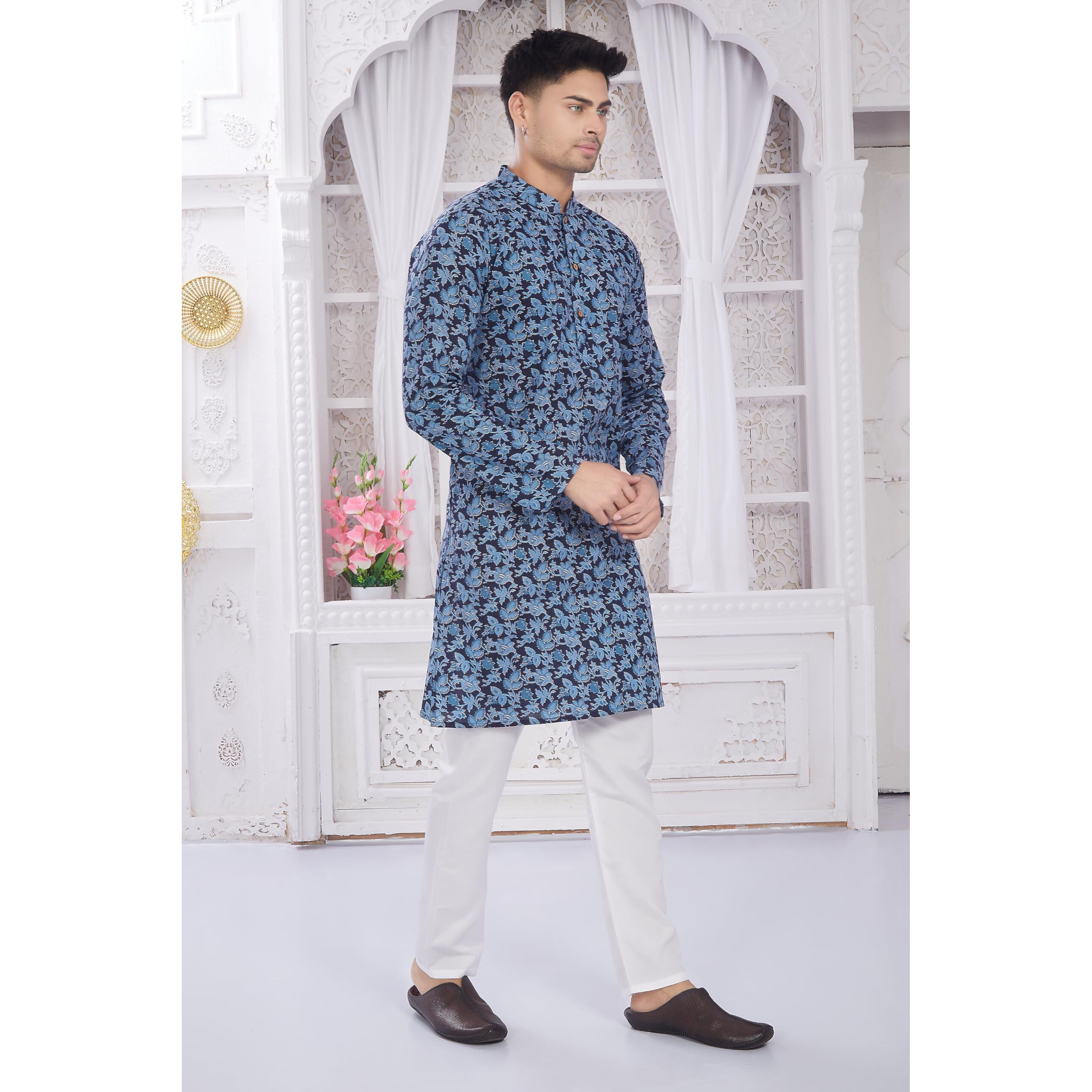Divisive Men's Ethnic Block Printed Soft Pure Cotton Only Slim Fit Kurta (Dkrt655_L_Navy 1)