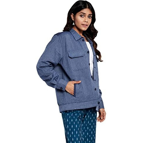 Fabindia Women's Cotton Twill Nehru Jacket (6025697Dark Blue_Dark L)