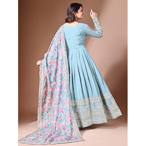 Fashion Basket Georgette Embroidered Anarkali Dress For Women (In, Alpha, M, Regular, Sky Blue)