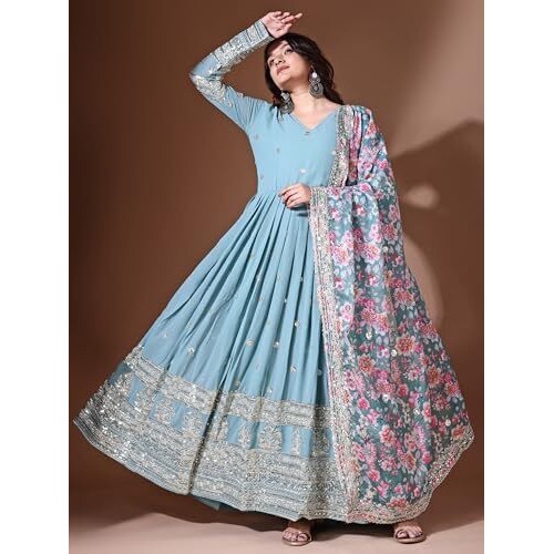Fashion Basket Georgette Embroidered Anarkali Dress For Women (In, Alpha, M, Regular, Sky Blue)