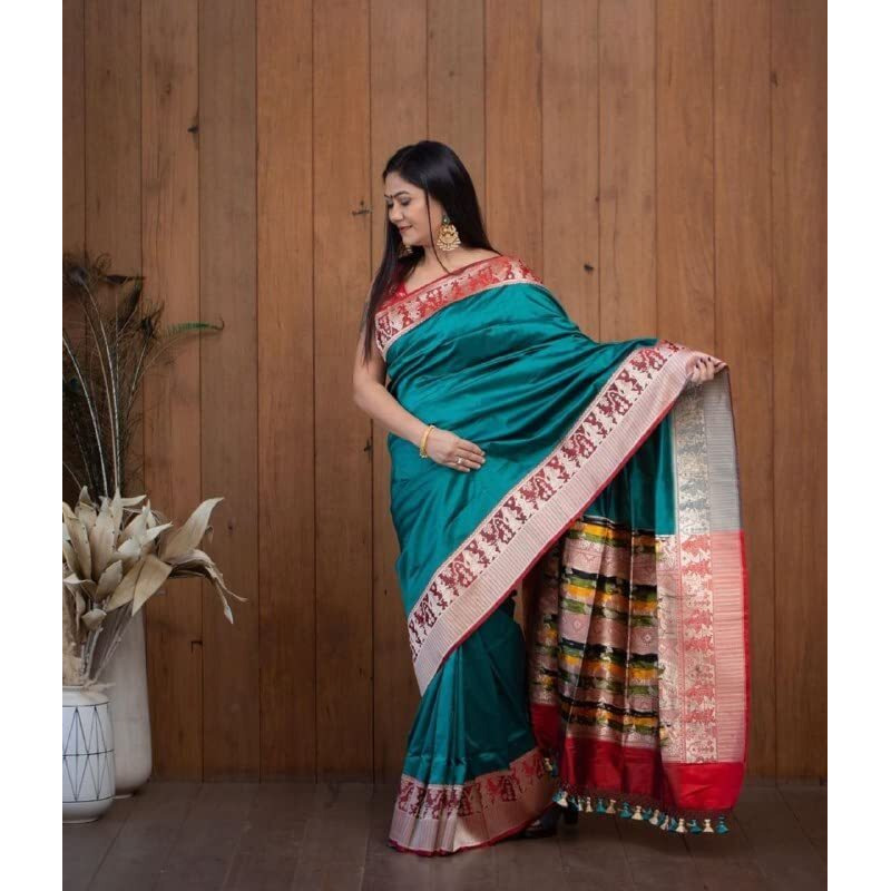 Flosive Women's Present Banarasi Soft Lichi Silk Saree Beautiful Jacquard Rich Pallu Design Work Zari Woven Kanjivaram Silk Style Saree With Soft Lichi Silk Blouse Piece Ayn Royal Rama.
