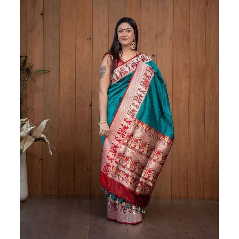 Flosive Women's Present Banarasi Soft Lichi Silk Saree Beautiful Jacquard Rich Pallu Design Work Zari Woven Kanjivaram Silk Style Saree With Soft Lichi Silk Blouse Piece Ayn Royal Rama.