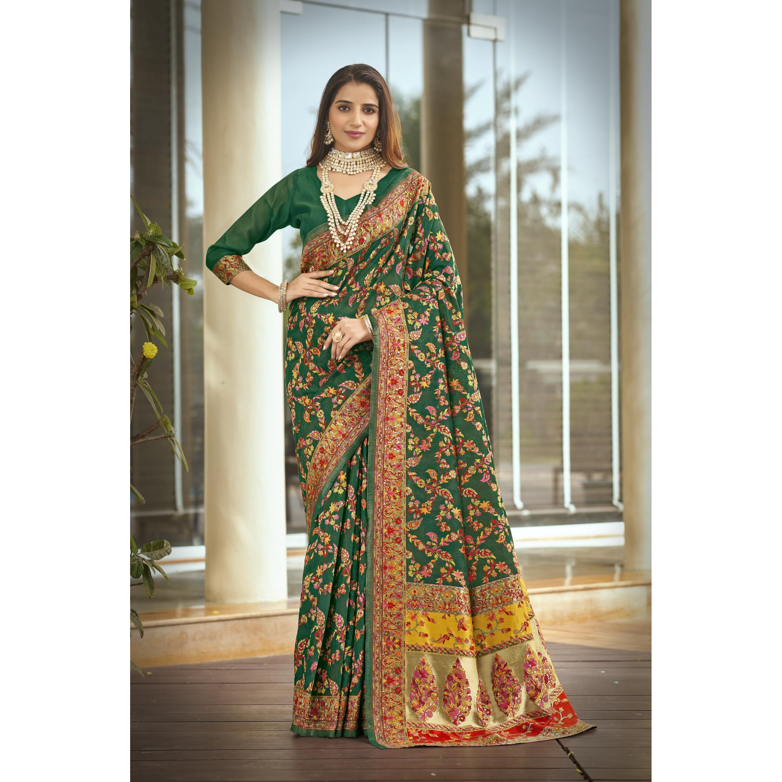 Glory Sarees Women's Kashmiri Cotton Woven Saree With Blouse Piece (Heritage_Silk111_Green)