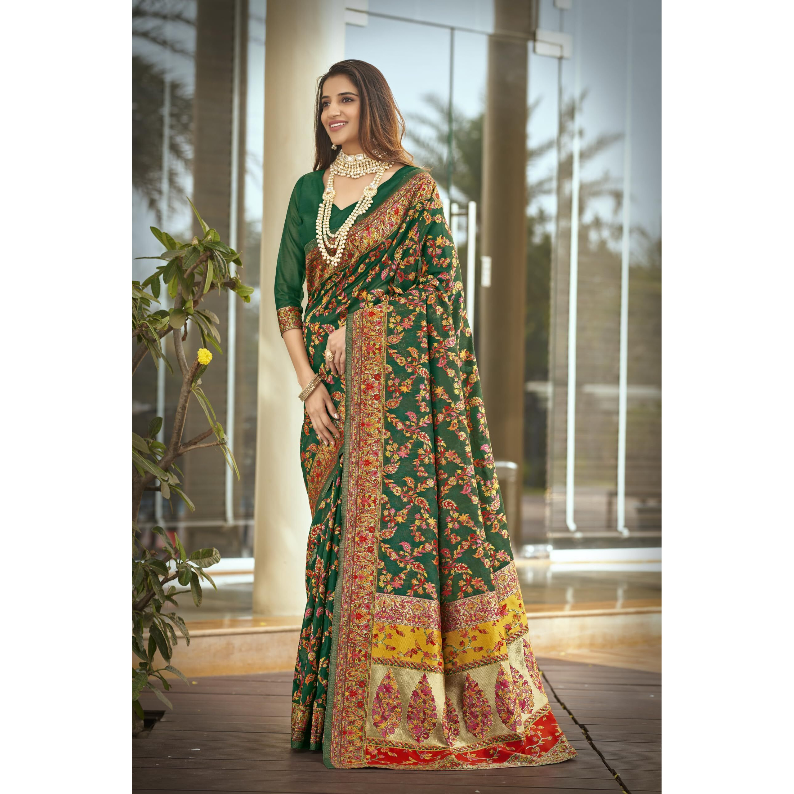 Glory Sarees Women's Kashmiri Cotton Woven Saree With Blouse Piece (Heritage_Silk111_Green)
