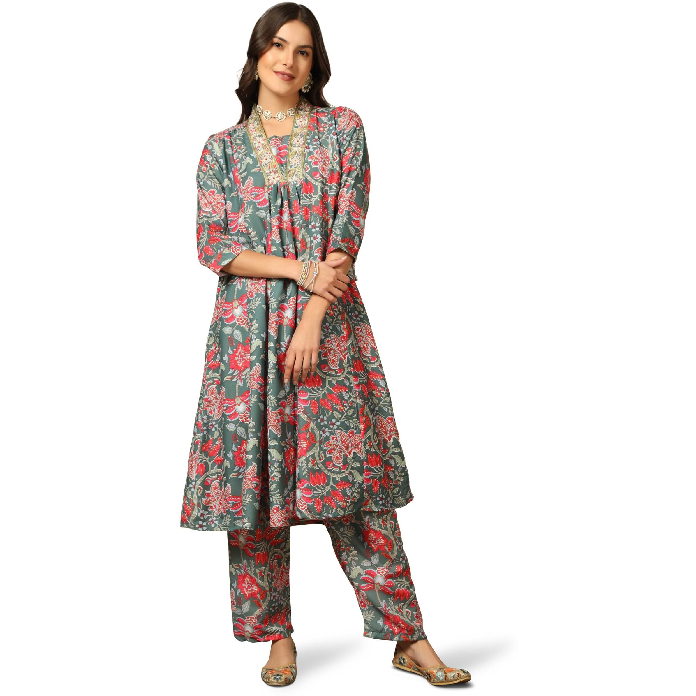 Greciilooks Women Semi Cotton Floral Alia Cut Regular Fit Kurta Set (Olive, Medium)