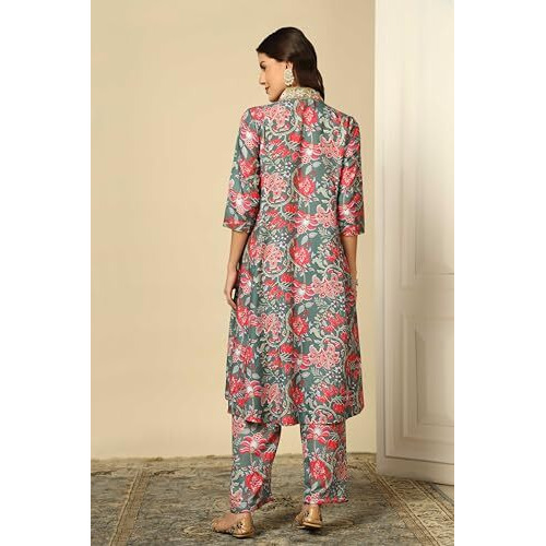 Greciilooks Women Semi Cotton Floral Alia Cut Regular Fit Kurta Set (Olive, Medium)