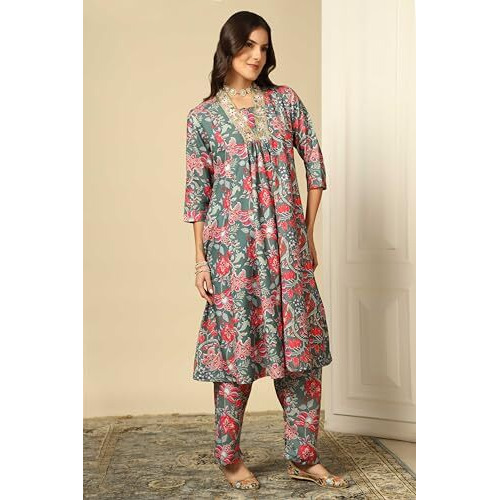 Greciilooks Women Semi Cotton Floral Alia Cut Regular Fit Kurta Set (Olive, Medium)