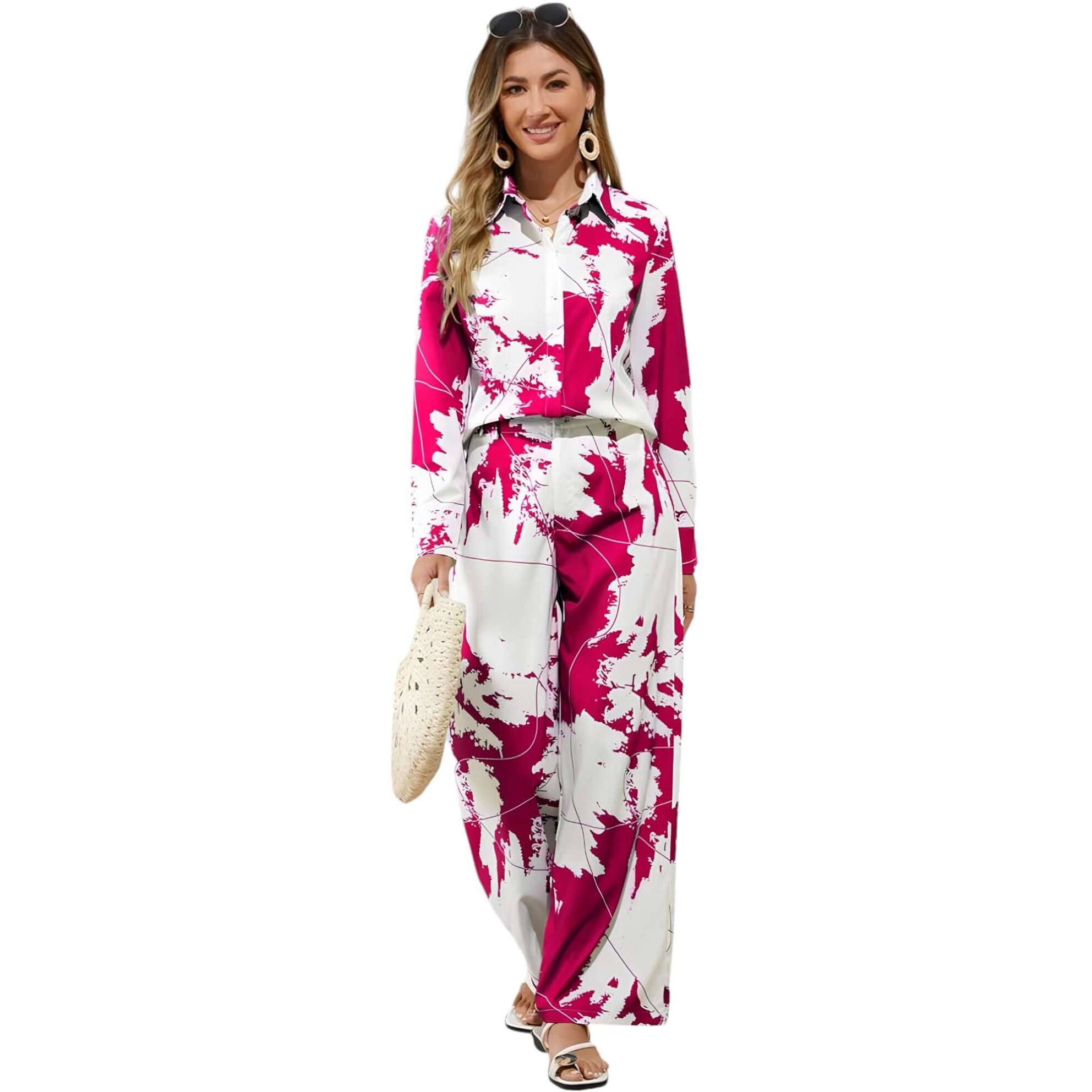 Gufrina Women's Abstract Print Co-Ords Set - Long Sleeve Open Collar Shirt And Wide-Leg Pants Ensemble (Pink M)