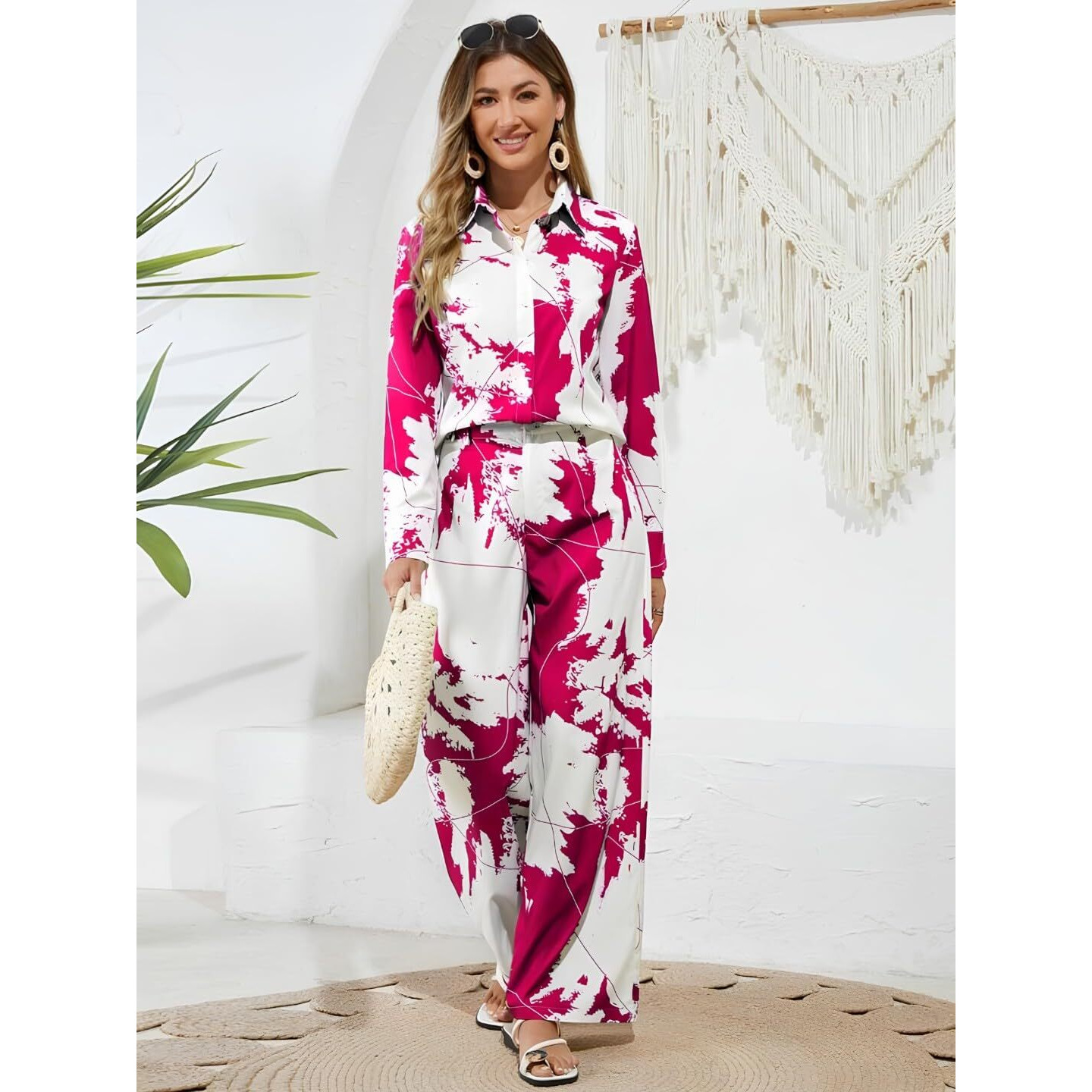 Gufrina Women's Abstract Print Co-Ords Set - Long Sleeve Open Collar Shirt And Wide-Leg Pants Ensemble (Pink M)