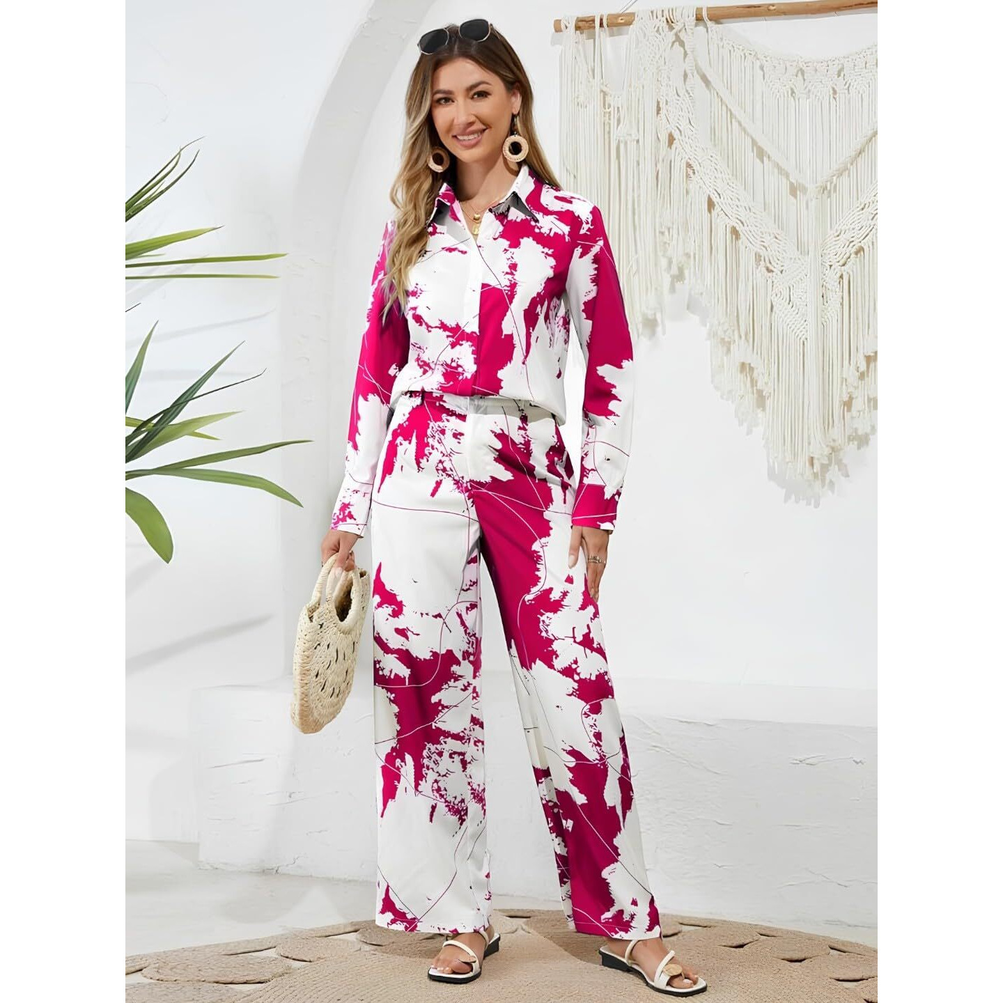 Gufrina Women's Abstract Print Co-Ords Set - Long Sleeve Open Collar Shirt And Wide-Leg Pants Ensemble (Pink M)
