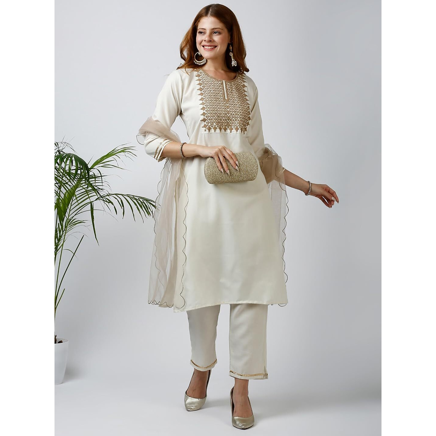 Gufrina Elegant Cotton Embroidered Women's Kurta Pant Dupatta Set | Round-Neck, 3/4 Sleeve Ethnic Wear (White M)