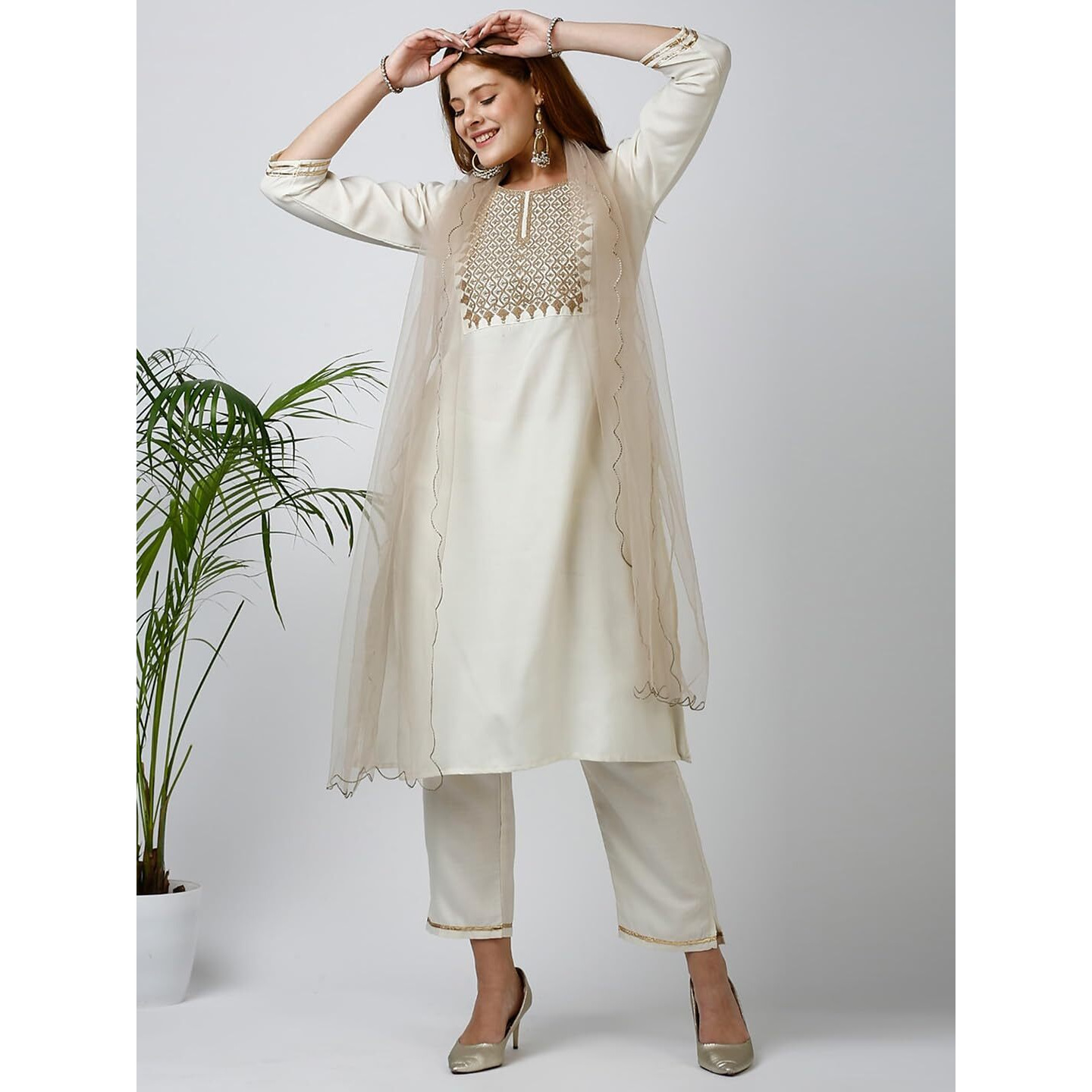 Gufrina Elegant Cotton Embroidered Women's Kurta Pant Dupatta Set | Round-Neck, 3/4 Sleeve Ethnic Wear (White M)