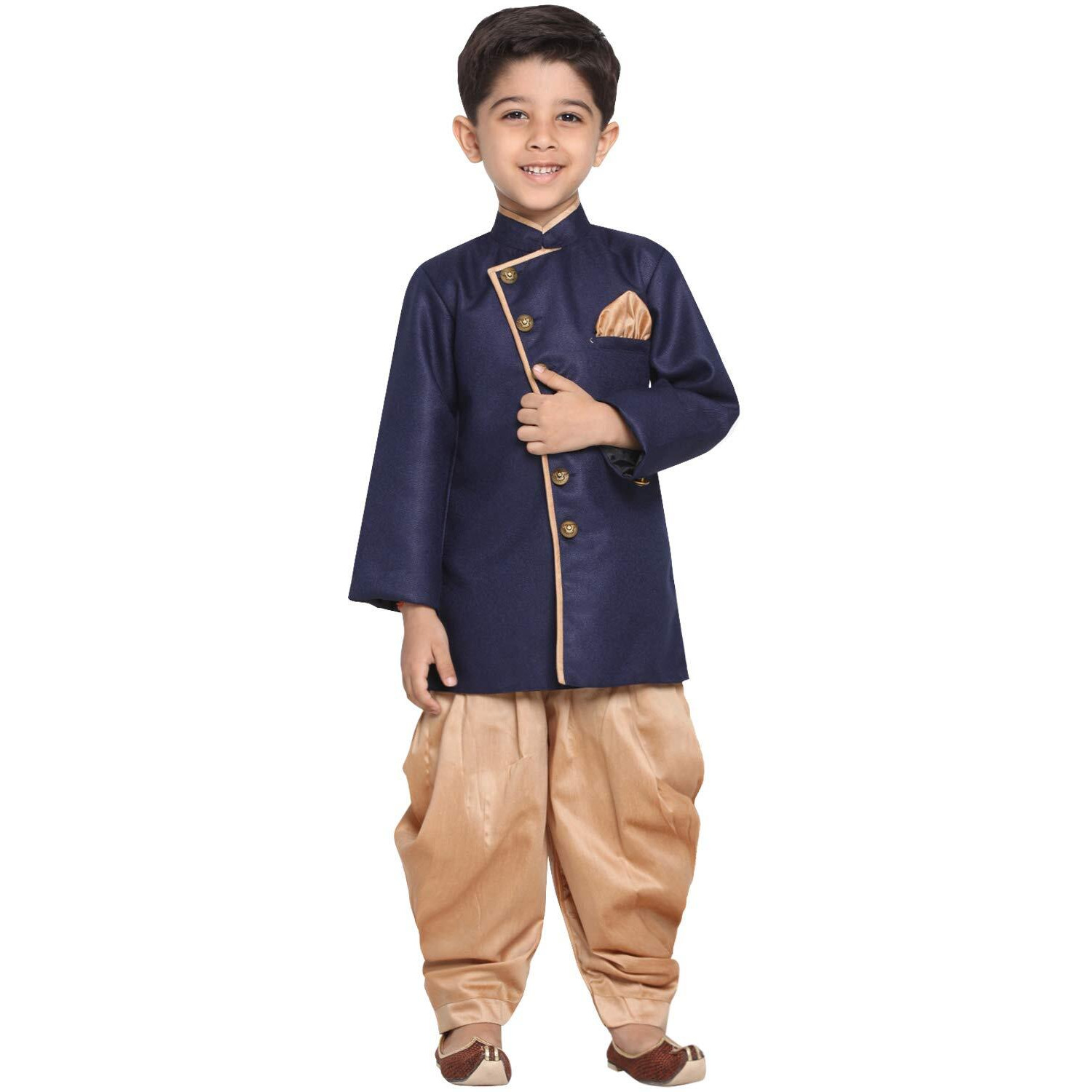 Jbn Creation Boys' Navy Blue And Rose Gold Cotton Blend Sherwani And Dhoti Pant Set_Jbnbciw124Nbncdrg_16