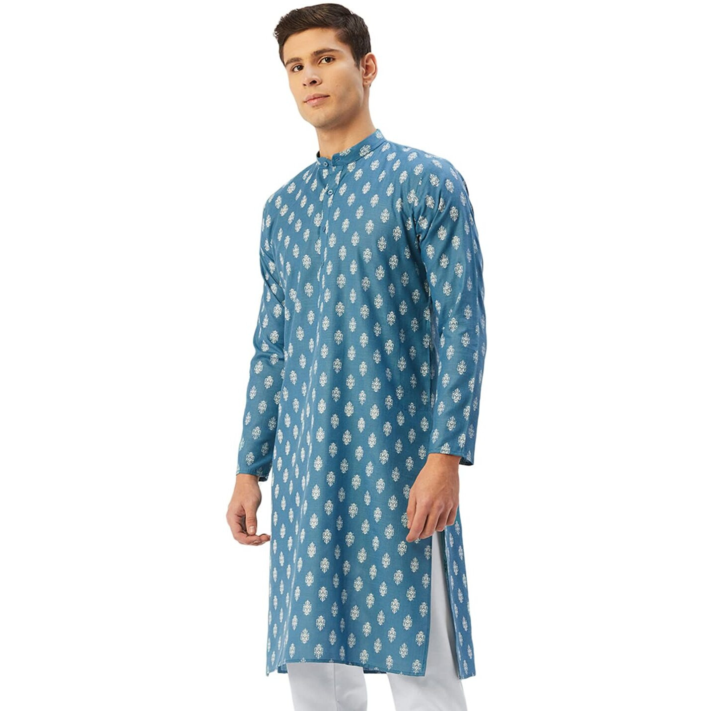 Jompers Men's Cotton Floral Printed Kurta. (Teal, S)