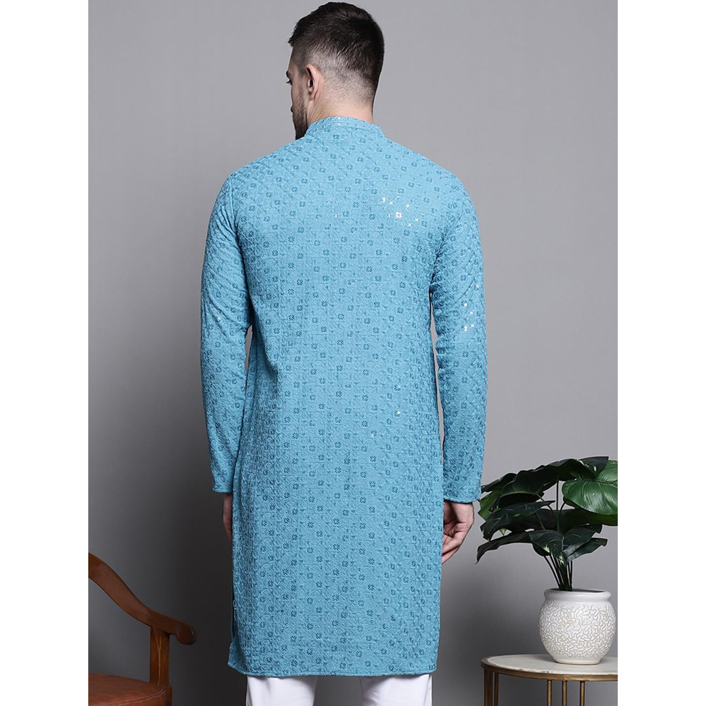 Jompers Men's Sequin Embroidered Pure Cotton Kurtas (Blue, Xxl)