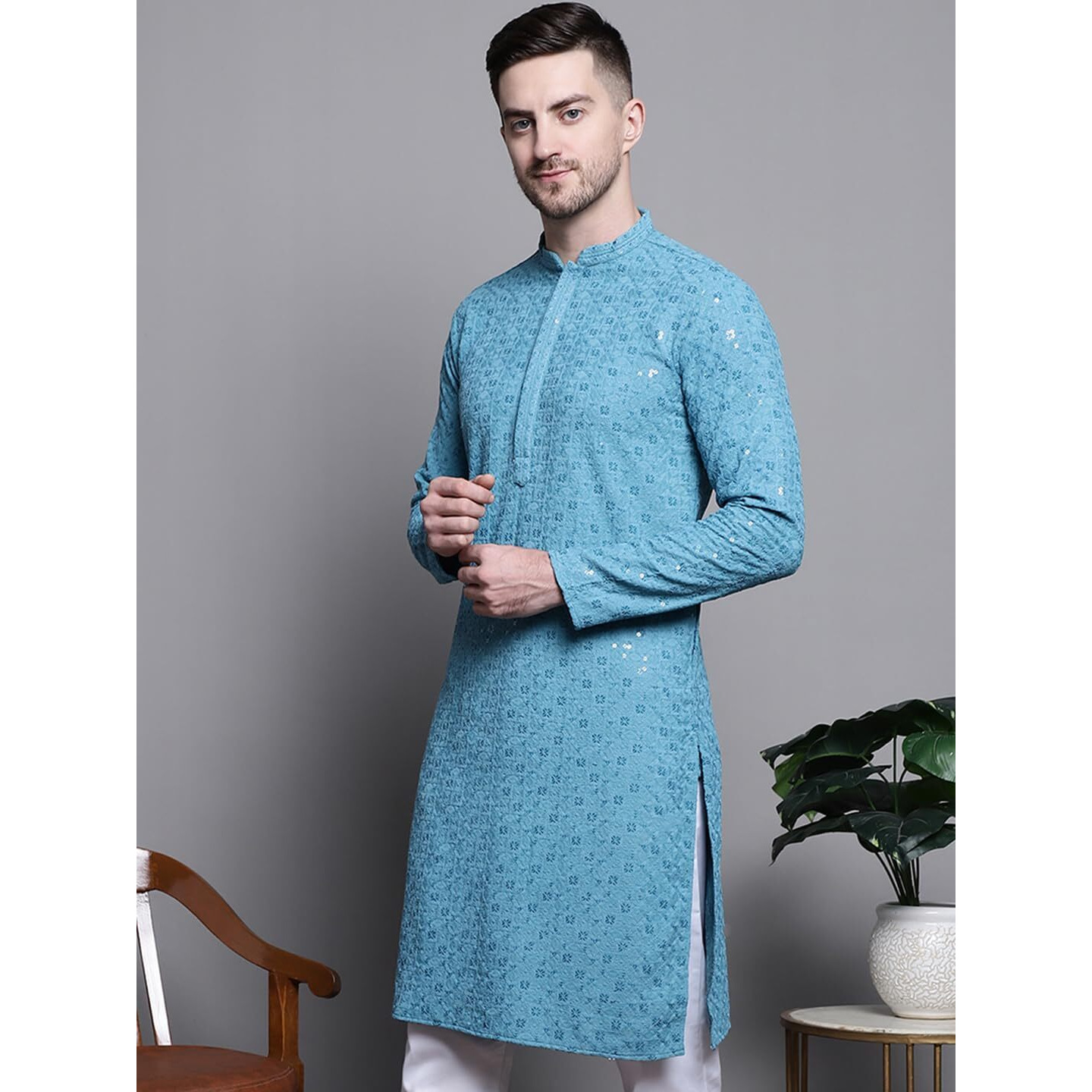 Jompers Men's Sequin Embroidered Pure Cotton Kurtas (Blue, Xxl)