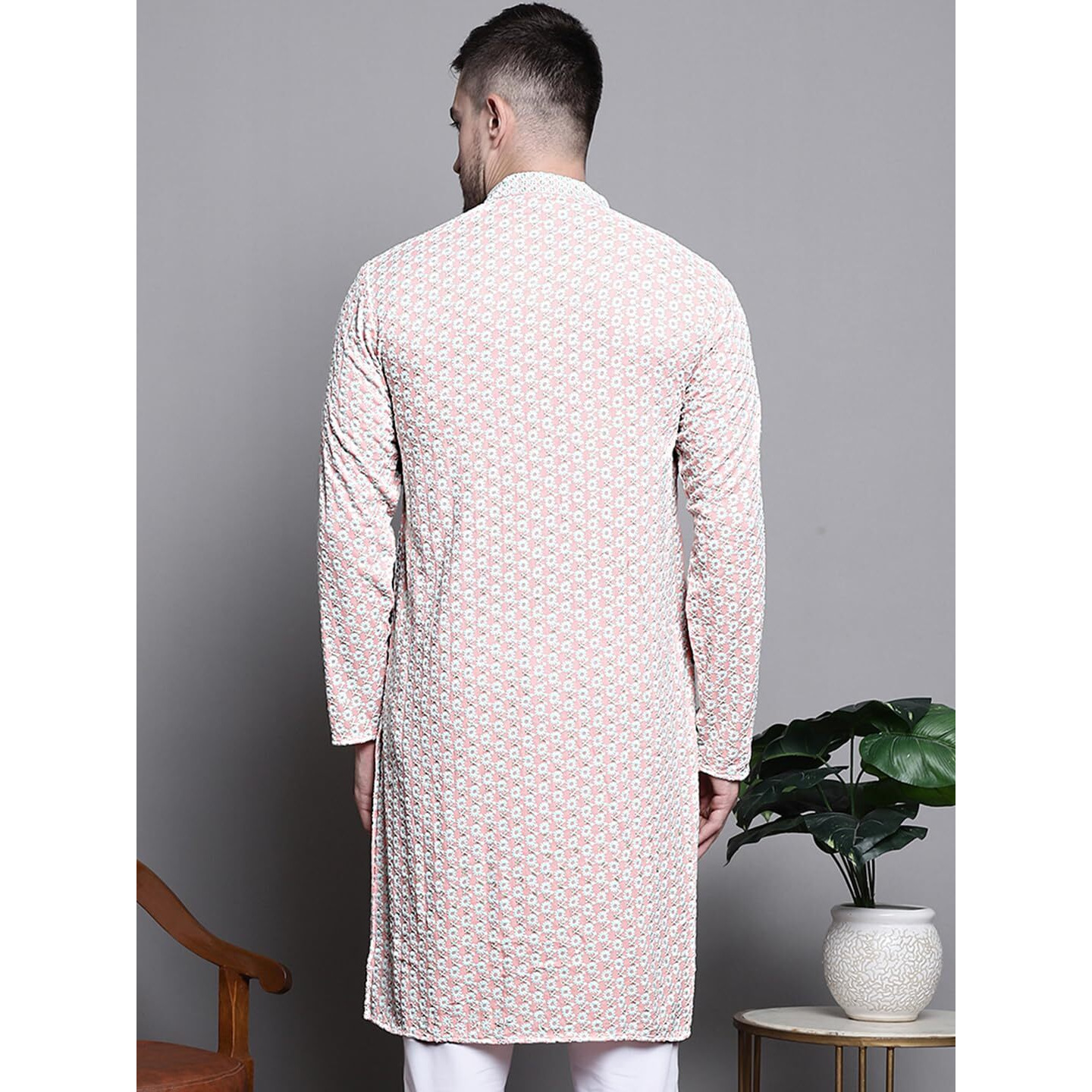 Jompers Men Sequin Embroidered Pure Cotton Kurtas (Peach, S)