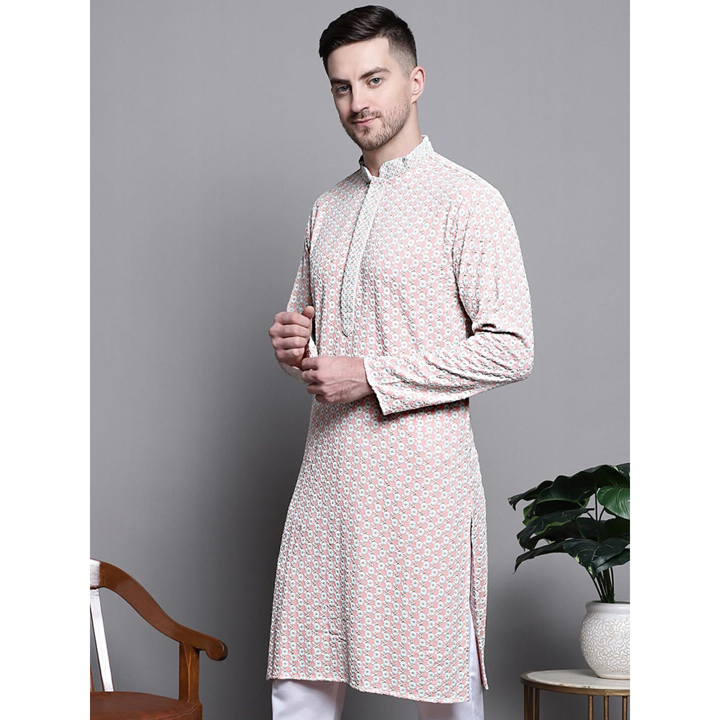 Jompers Men Sequin Embroidered Pure Cotton Kurtas (Peach, S)