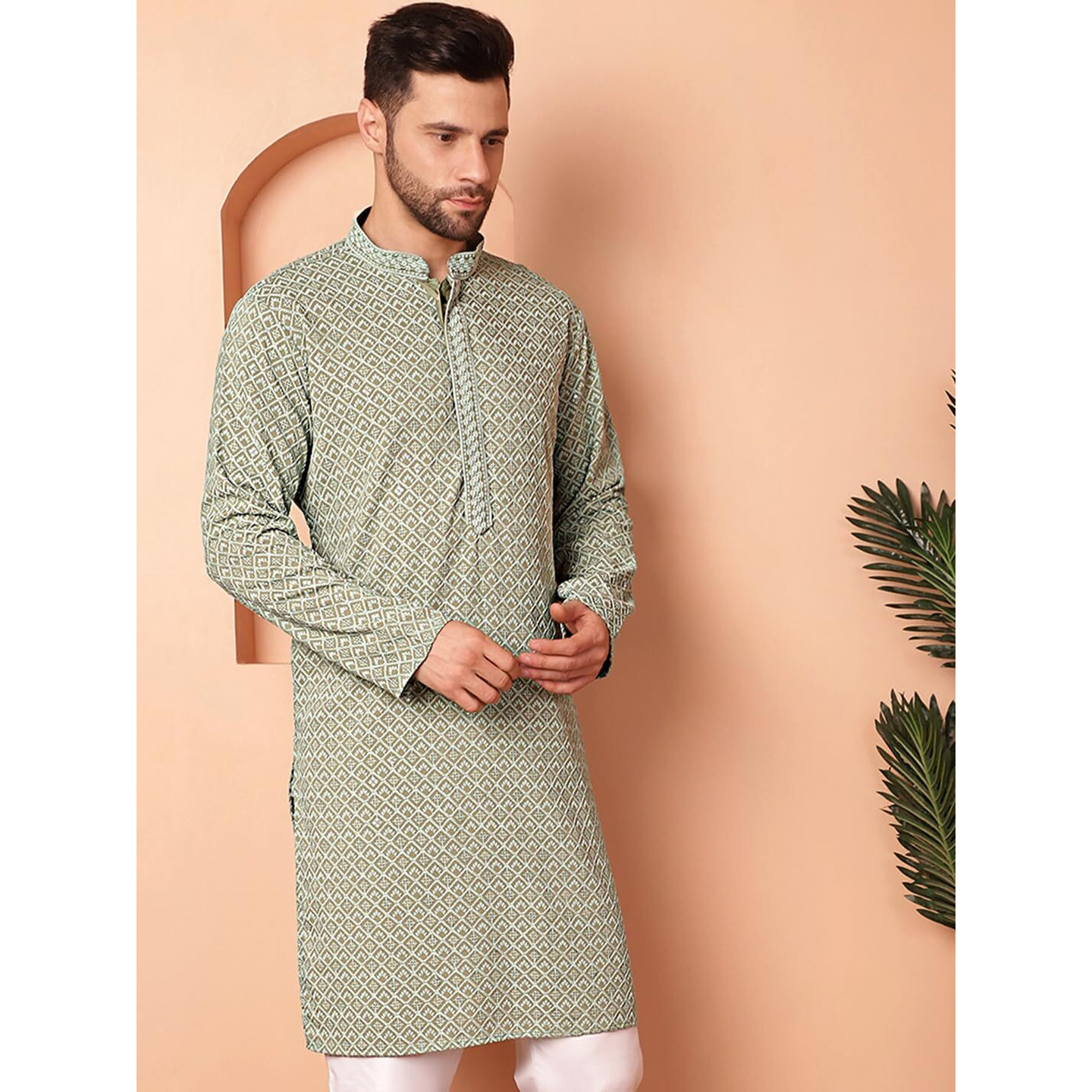 Jompers Men Pista Embroidered And Sequence Kurtas (Pista, M)