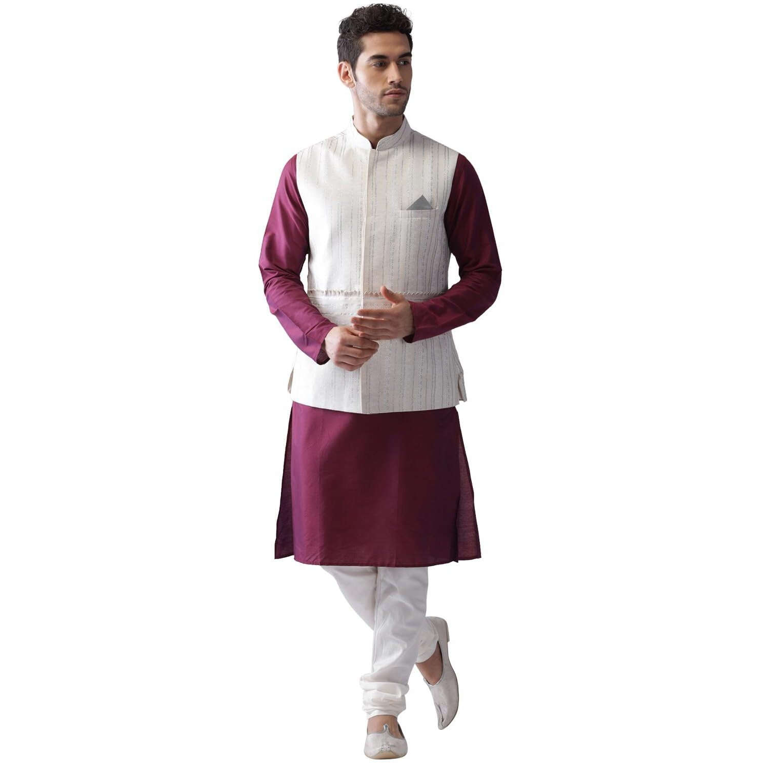 Kisah Kurta Pajama Set For Men With Modi Jacket  Ethnic Kurta For Man | Wedding Dress Set & Traditional Outfit, White Maroon, 38