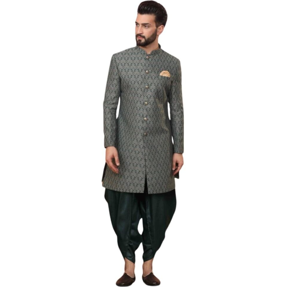 Kisah Men's Indo-Western Sherwani Dhoti Set, Green Silk Blend, Jacquard Regular Fit Mandarin Collar Long Sleeves (M)